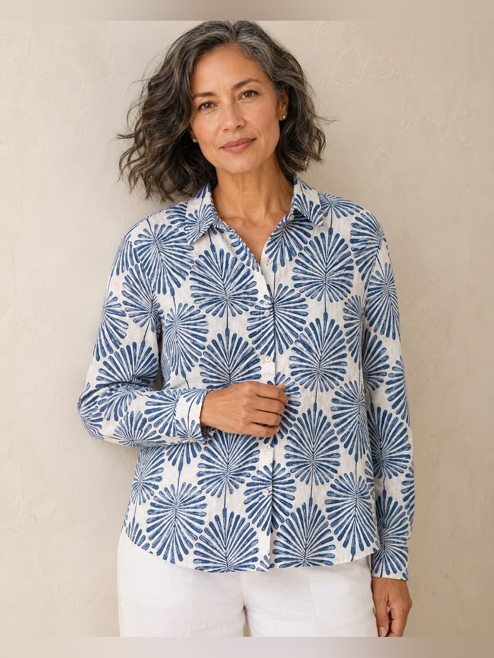 Joie Womens L Blue White 100% Linen Floral Print Button Down Shirt
